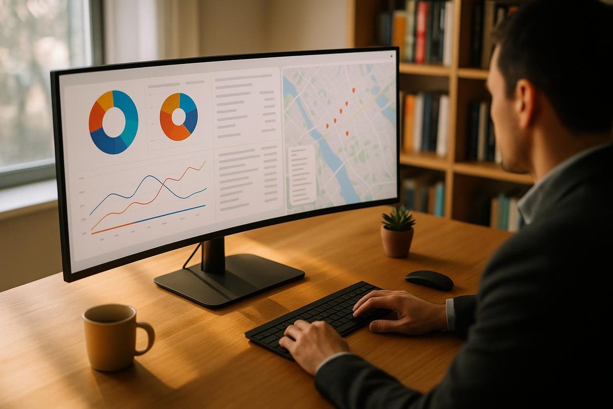 Local SEO professional reviewing analytics and map rankings on a widescreen monitor