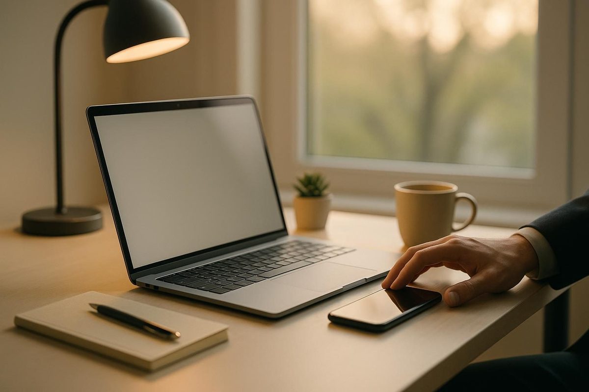 Clean workspace with laptop and phone ready for client communication